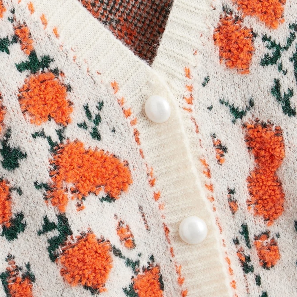 Cream and Orange Floral V-Neck Cropped Cardigan Sweater Large - Picture 10 of 12